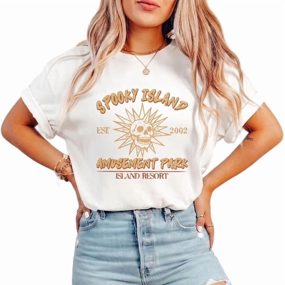 Spooky Island Casual Halloween Classic Tops Disco Skull Print T-shirts 90s Retro Graphic Tees Short Sleeve Cotton Shirts for Daily Outfits trendy and popular round-neck design is retro White,S