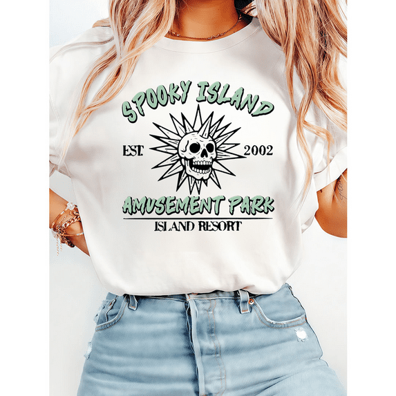 Spooky Island Print Tshirts Halloween Graphic Tees Disco Skull Short Sleeve Casual Tops 90s Retro Cotton Shirts for Daily Outfits White,3XL