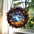 thumbnail image 1 of Spooky Jack O’Lantern Wreath Acrylic Suncatcher – Faux Stained Glass Window Hanging With Bats, Pumpkins, Purple Bow And Fall Leaves Decor 4346748653, 1 of 4
