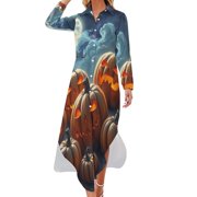 YHX66 Spooky Jackolanterns Halloween Night Moon Chiffon Dress V Neck Dresses Women Casual Dress
