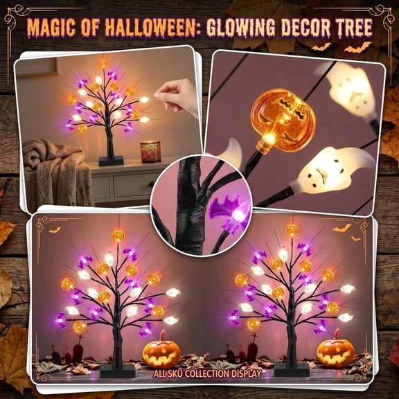 Spooky LED Halloween Tabletop Tree, Black Twig Tree with Pumpkin Ghost Bat Ornament Lights, Portable Desk Mantel Holiday Accent Light (Red)