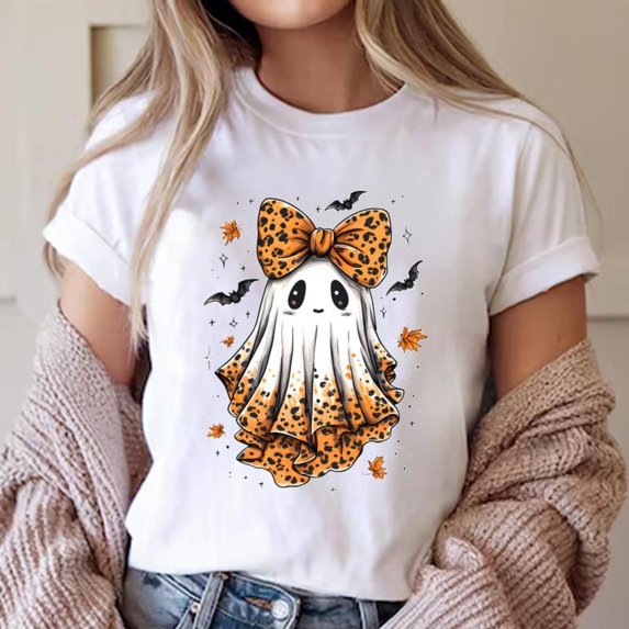 Spooky Leopard Ghost T-Shirt, Cute Halloween Graphic Tee for Women, Fall Pumpkin Top,Classic,cotton,white,S-5XL