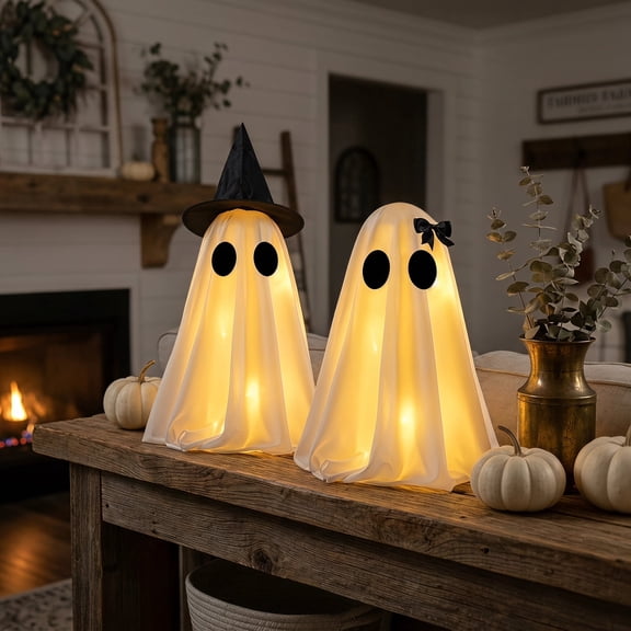 Halloween Decor Spooky Light Up Ghost Figurines, Halloween Indoor Decor for Mantel Shelf Tabletop, Set of 2 (A+B)