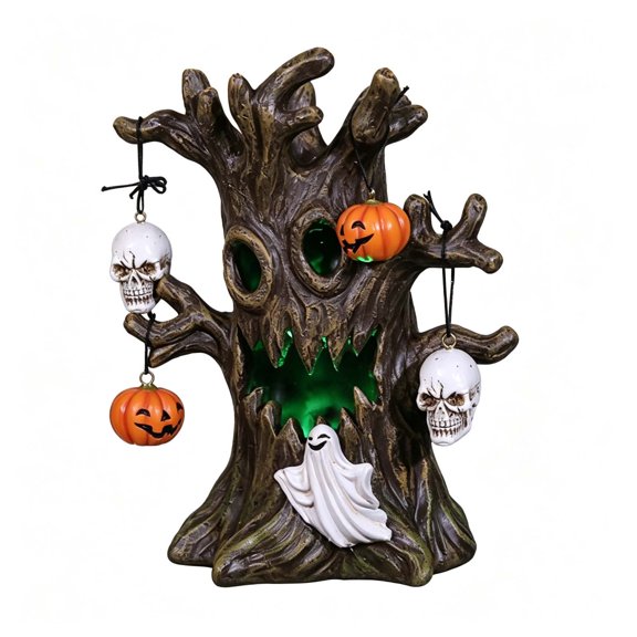 Spooky Lighted Tree Decoration,Artificial Decorative Ghost Tree with Skull & Pumpkin Hanging Decor,Battery Operated Holiday Scene Building,Scary Tree Decor