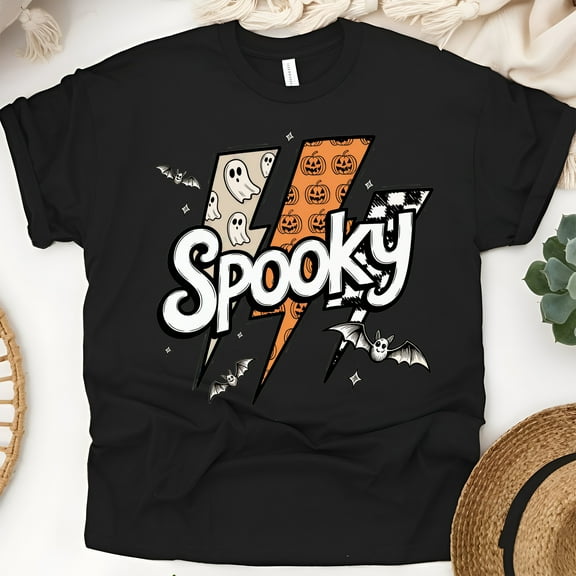 Spooky Lightning Bolt Shirt | Retro Halloween Ghost and Pumpkin Graphic Tee, Black, Size S