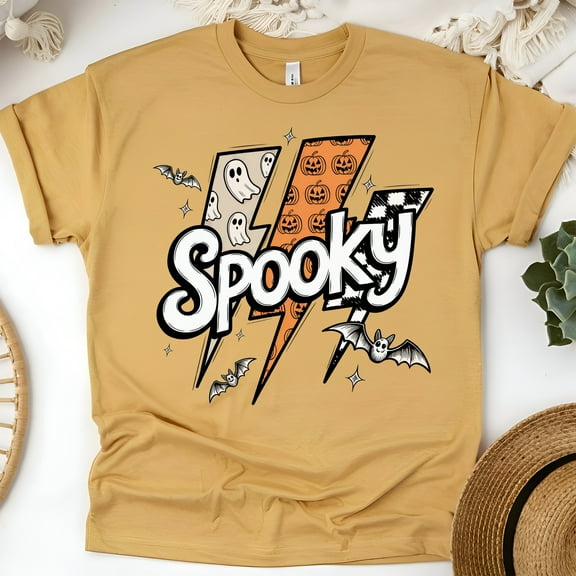 Spooky Lightning Bolt Shirt | Retro Halloween Ghost and Pumpkin Graphic Tee, Gold, Size S