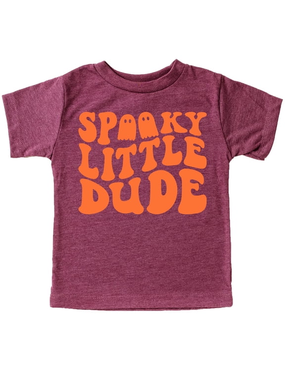 Spooky Little Dude Ghost and Ghouls Shirt for Baby and Toddler Youth Boys Halloween and Fall Shirt Vintage Burgundy Shirt 12 Months