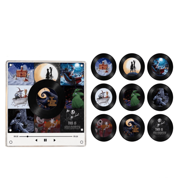 Spooky Magnetic Mini Vinyl Music Player with 9 Christmas Discs, Tap-to-Play Spooky Vintage Speaker, Customizable MP3 Audio, Fridge & Desktop Halloween Home Decor Gift