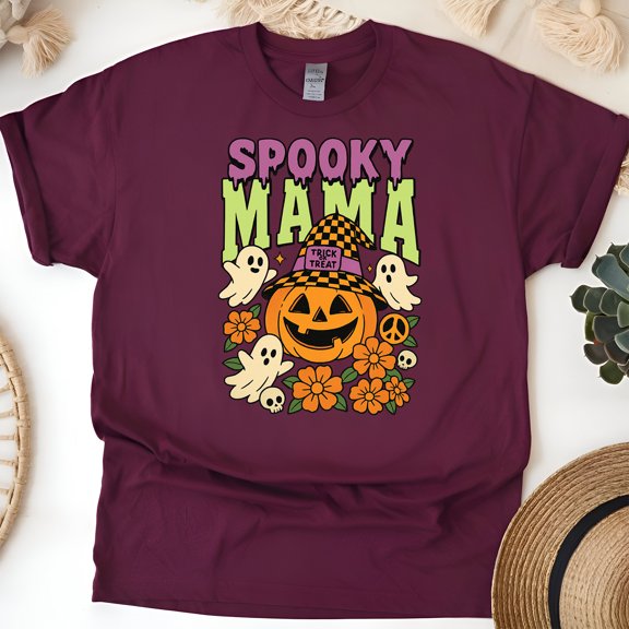 Spooky Mama Graphic T-Shirt Pumpkin Ghost Retro Funny Mom Tee, Maroon, Size L