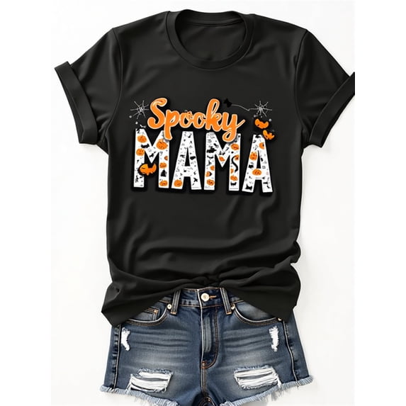 Spooky Mama Halloween Graphic Print Casual Short Sleeve Cotton Men's Women's Tee Shirt