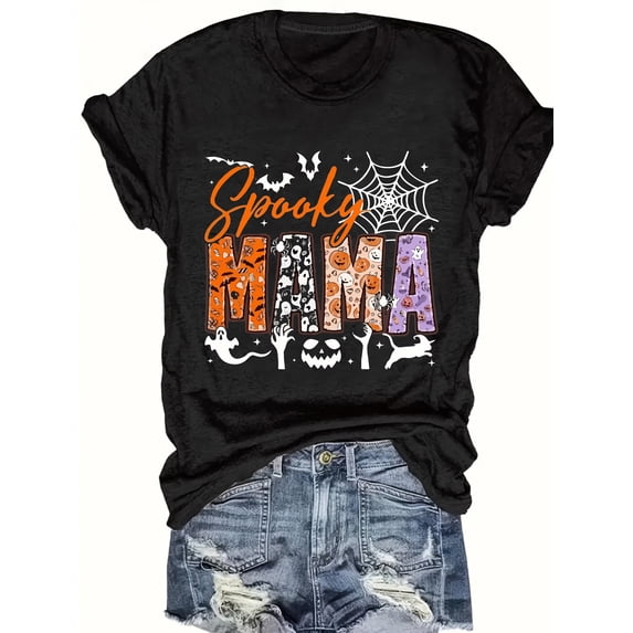 Spooky Mama Halloween Graphic Tee Shirt Funny Pumpkin Ghost Spiderweb Design Women Mom Gift Cotton Men's Women's Tee Shirt