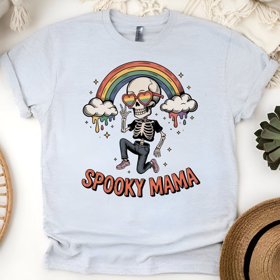 Spooky Mama Halloween Shirt | Cool Skeleton with Rainbow and Heart Glasses Graphic Tee, Ash, Size S