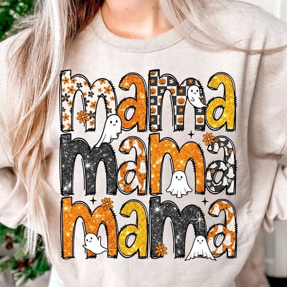Spooky Mama Halloween Sweatshirt with Glitter Accents, Retro Fall Shirt for Spooky Season, Cute Halloween Vibes Outfit for Moms and Autumn Lovers