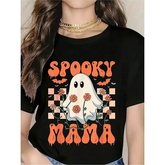 Spooky Mama Halloween T-Shirt For Women - Cute Ghost And Floral Design, Funny Halloween Shirt, Orange Print, Comfortable Cotton Tee For Fall Season And Halloween Party
