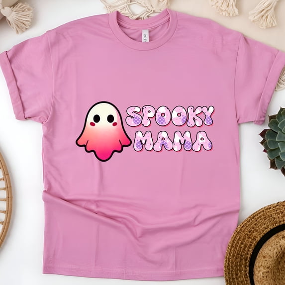 Spooky Mama Shirt – Cute Pink Ghost Halloween Mom T-Shirt, Azalea, Size L