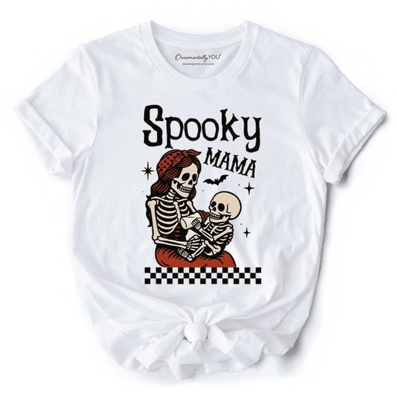 Spooky Mama Skeleton Halloween T-Shirt, Momster Retro Checkered Tee With Boo Vibes