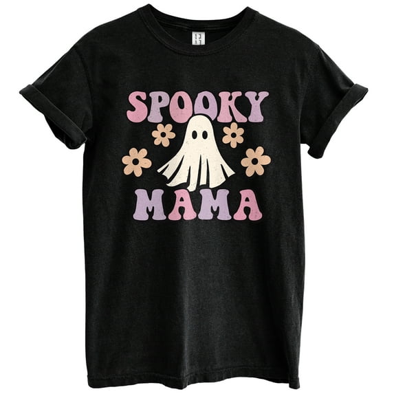 Spooky Mama T-Shirts for Women Men, Halloween Fun Graphic Tee Short Sleeve Tops - Vintage Black