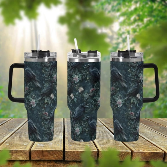 Spooky Midnight Forest 40oz Stainless Steel Tumbler, Gothic Bird Floral Drink Cup, Large Coffee Travel Mug, Dark Goth Aesthetic Tumbler Gift