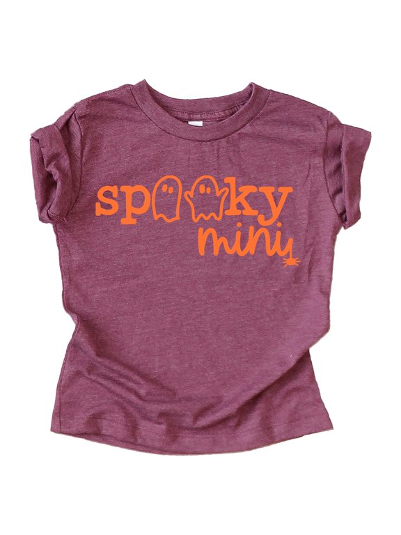 Spooky Mini Ghost Halloween Shirts and Bodysuits for Infant Baby and Toddler Orange on Vintage Burgundy Shirt 12 Months