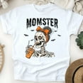 thumbnail image 1 of Spooky Momster T-Shirt | Cute Skeleton Drinking Coffee Graphic Tee for Women, White, Size S, 1 of 6