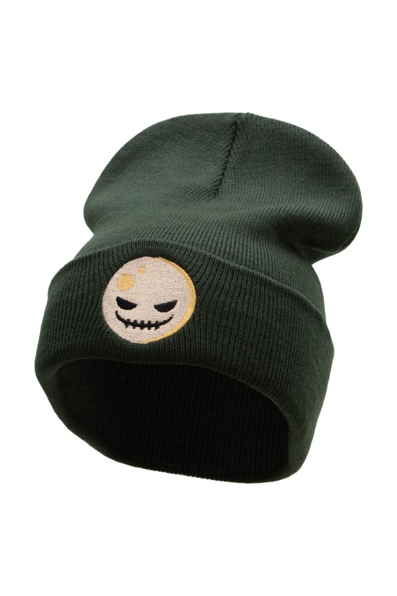 Spooky Moon Embroidered 12 Inch Long Knitted Beanie - Olive OSFM