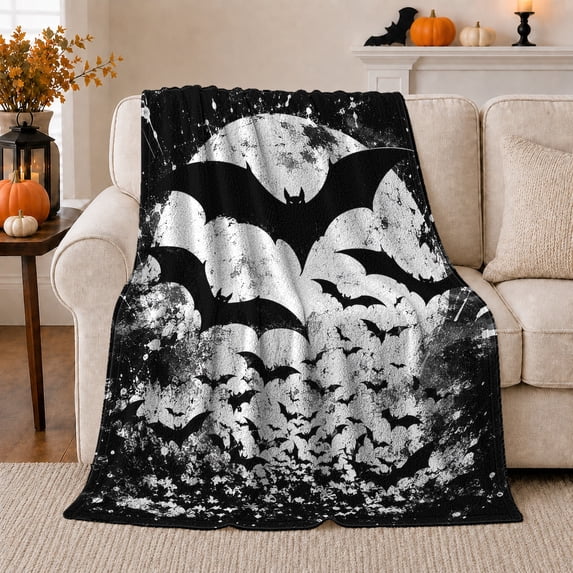 Spooky Moonlit Bat Silhouettes Vintage Halloween, Festive Halloween Scene, Warm Flannel Blanket for Living Room and Family Room, Art Lovers Halloween Gift, Festive Home Decor