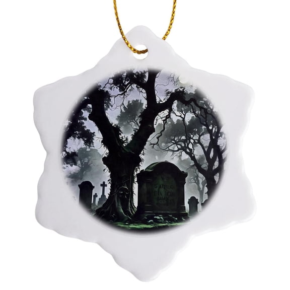 3drose, Spooky Moonlit Headstone in a Misty Graveyard with Bare Trees, 3 inch Snowflake Porcelain Ornament