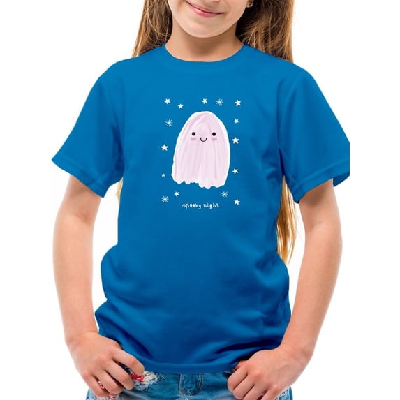 Spooky Night. Cute Happy Ghost T-Shirt Juniors -Image by Shutterstock, Large