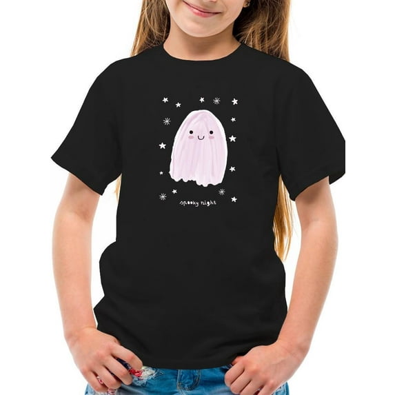 Spooky Night. Cute Happy Ghost T-Shirt Juniors -Image by Shutterstock, Large