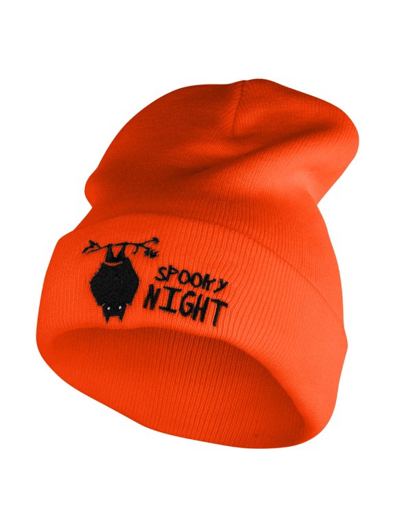 Spooky Night Embroidered 12 Inch Long Knitted Beanie - Orange OSFM