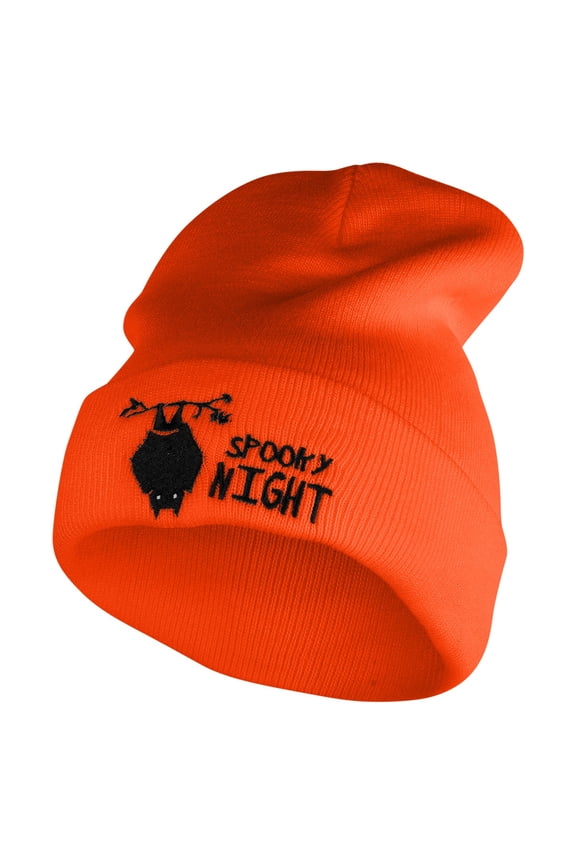 Spooky Night Embroidered 12 Inch Long Knitted Beanie - Orange OSFM