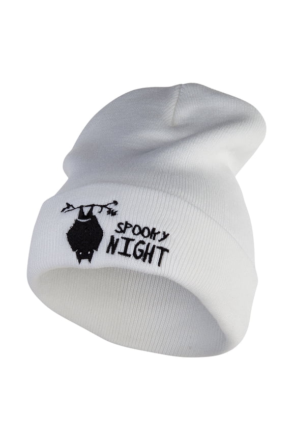 Spooky Night Embroidered 12 Inch Long Knitted Beanie - White OSFM