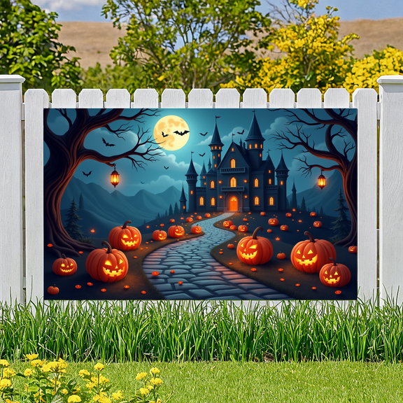 Spooky Night Halloween Banner Haunted House Design Pumpkin Lanterns Decorative Jack O Lantern Pathway for Halloween Party Holiday Indoor Outdoor