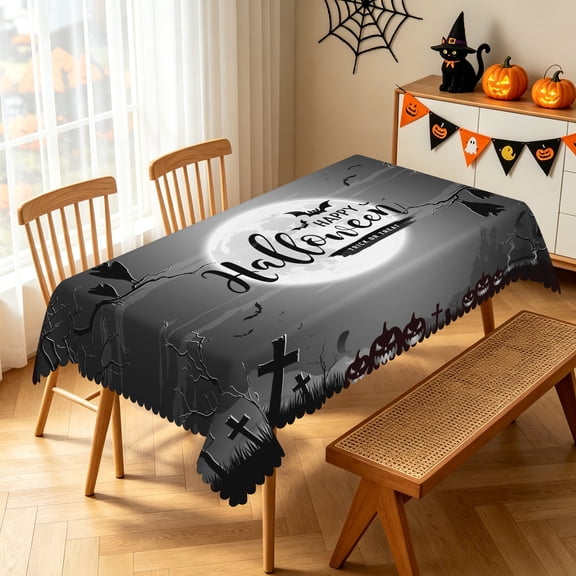 Spooky Night Scene Halloween Tablecloth, Tombstone Family Gathering Indoor Outdoor Decor Table Cover,52x70 Inch