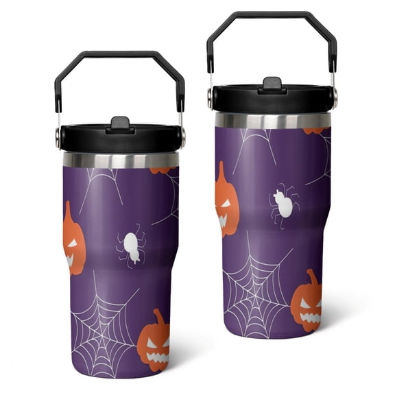 Spooky Night Tumbler 30oz - Pumpkin Black Cat Pattern Halloween Dark Theme - Double Wall Insulated Stainless Steel Cup, Leak Proof Flip Straw