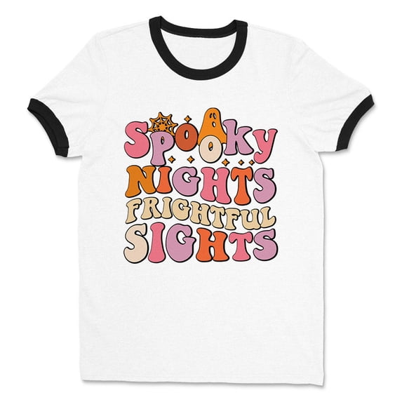 Spooky Nights Frightful Sights Ringer Tee Shirt Unisex Large White/Black