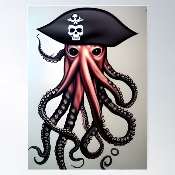 Spooky Octopus Pirate - Illustrated Portrait Poster Wall Art, Modern Wall Decor For Living Room Bedroom, 8x12 UNFRAMED