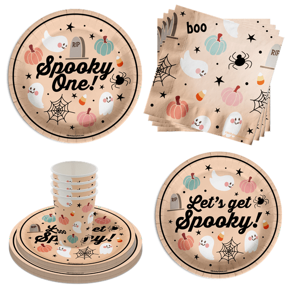 Spooky One 1st Birthday Party Supplies 64 Piece Tableware Set Includes Large 9" Paper Plates Dessert Plates, Cups and Napkins Kit for 16