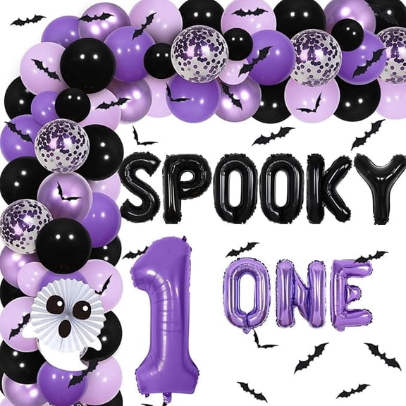 Spooky One Decorations - Halloween Theme 1st Birthday Party Decorations Ghost Balloons Garland Arch Kit 3D Bat Wall Stickers, First Boo Day Party Supplies Girls