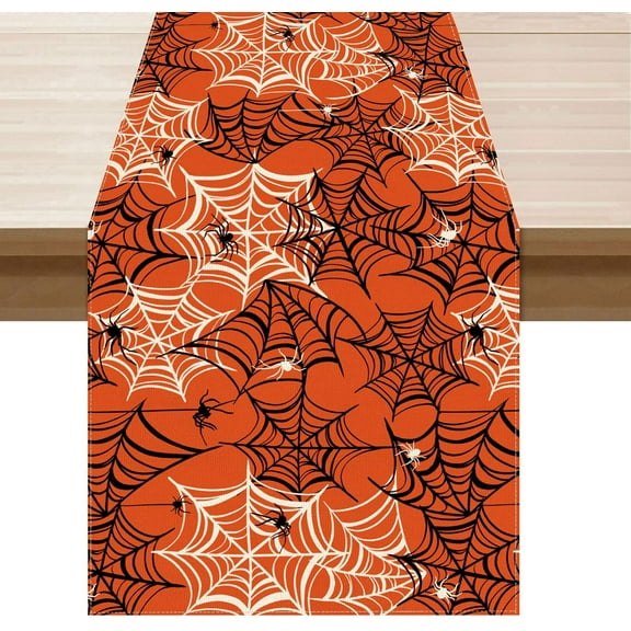Spooky Orange and Black Spider Web Halloween Table Runner Party Table Decoration for Home Kitchen Dining Holiday Decor 13.8x108 Inch
