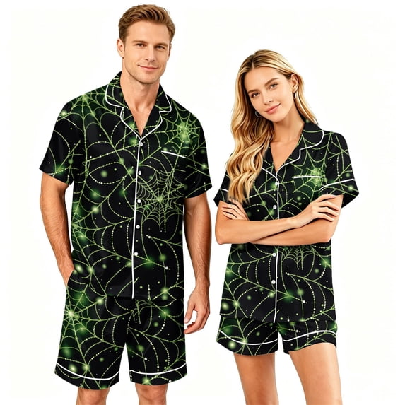 Spooky Pajamas Women Halloween Couple Pajamas Matching Sets Halloween Pajamas Halloween Pj Set Button Up Pajamas Couples Pajamas Matching PJS for Couples His Hers Jammies Wife Husband, Green, 3XL