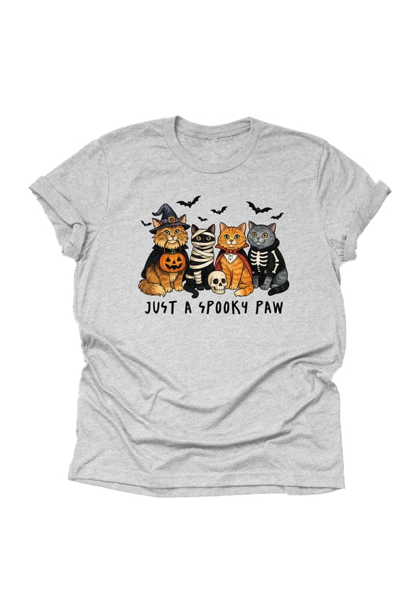 Spooky Paws Shirt – Cute Cats in Costumes Halloween Graphic Tee, Unisex Short Sleeve ( Large, Gray)