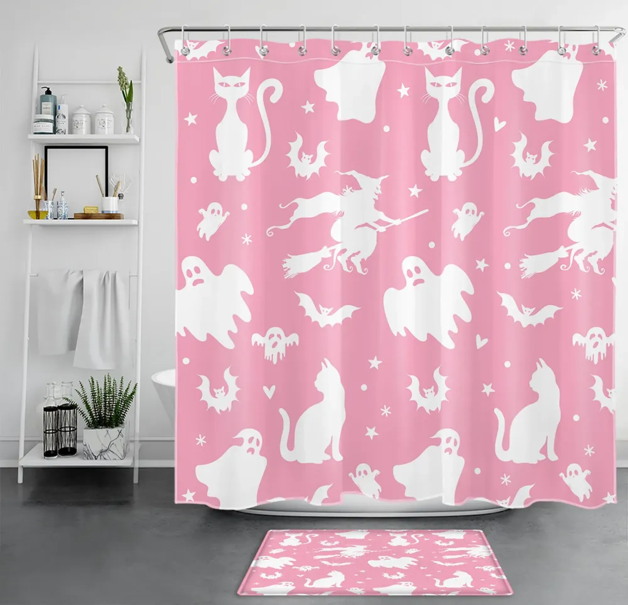 Spooky Pink Halloween Cat Witch Ghost Bathroom Shower Curtain Set