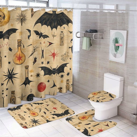Spooky Potion Bat Pattern Shower Curtain Sets with Rugs 4 Piece Rustic