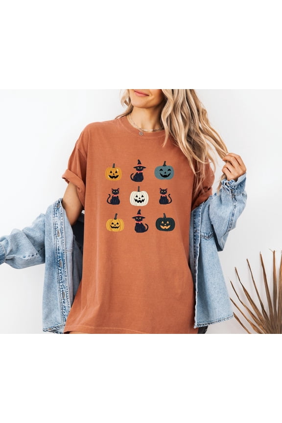 Spooky Pumpkin Black Cat Jack Lantern T-Shirt All Size S-3XL