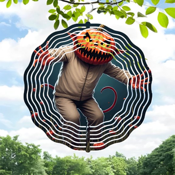Spooky Pumpkin Design Metal Hanging Wind Spinners & Chimes for Halloween Yard & Garden Decor - Unique Concentric Patterns