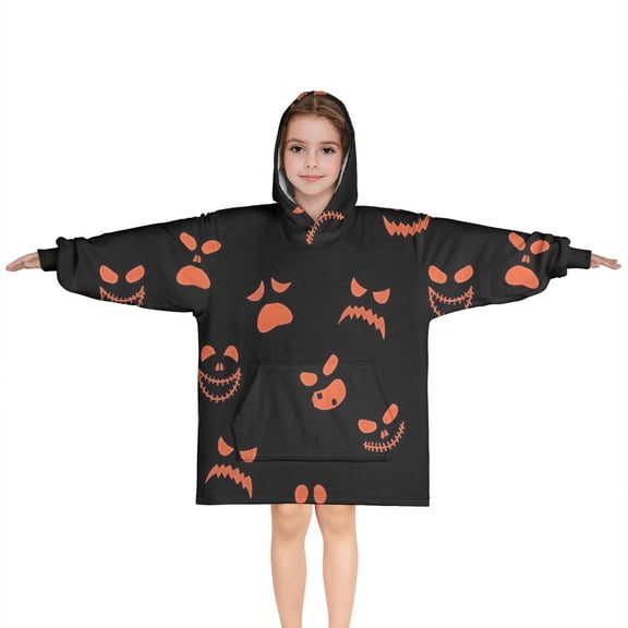 Spooky Pumpkin Faces Halloween Pattern Blanket Hoodies for Kids 6-13YR Oversize Wearable Blanket Hoodies for Boys Girls Teens