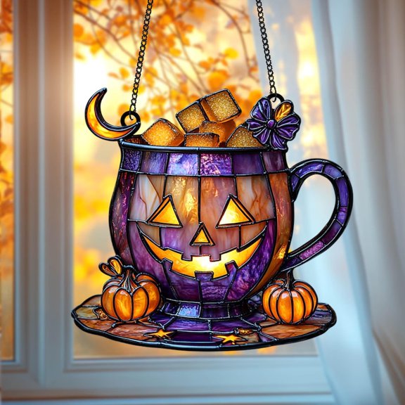 Spooky Pumpkin Mug Acrylic Window Hanging  Faux Stained Glass Teacup Suncatcher With Saucer, Jack OLantern Warm Autumn Glow Home Decor