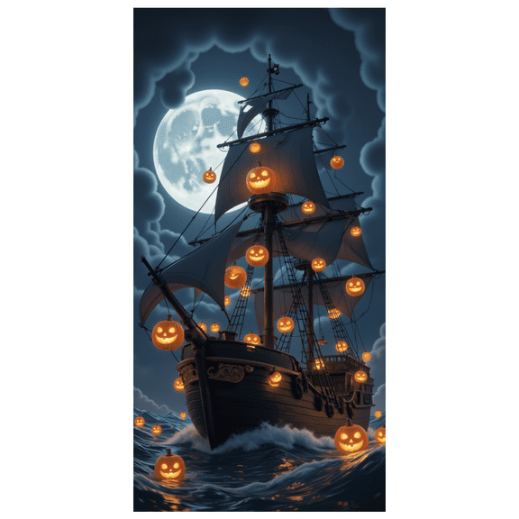 Spooky Pumpkin Pirate Ship Banner Halloween Decoration Night Scene for Party Decoration Halloween Event