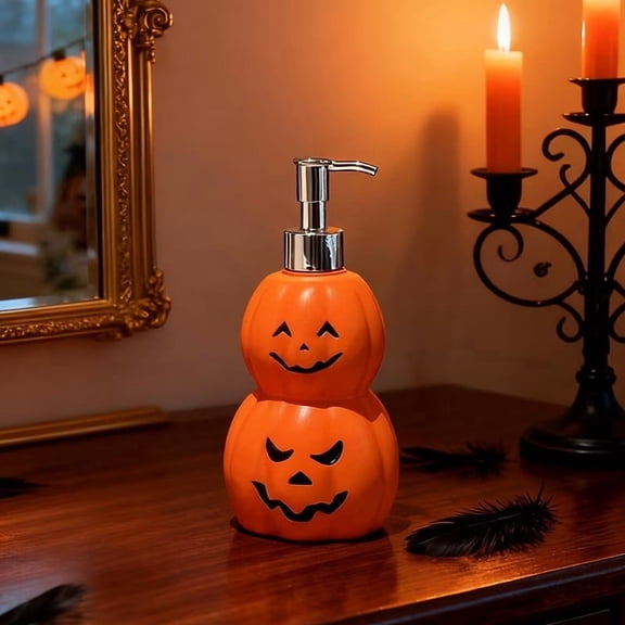 Spooky Pumpkin Shaped Refillable Lotion and Shampoo Dispenser - Halloween Bathroom Decor for Countertop or Shelf